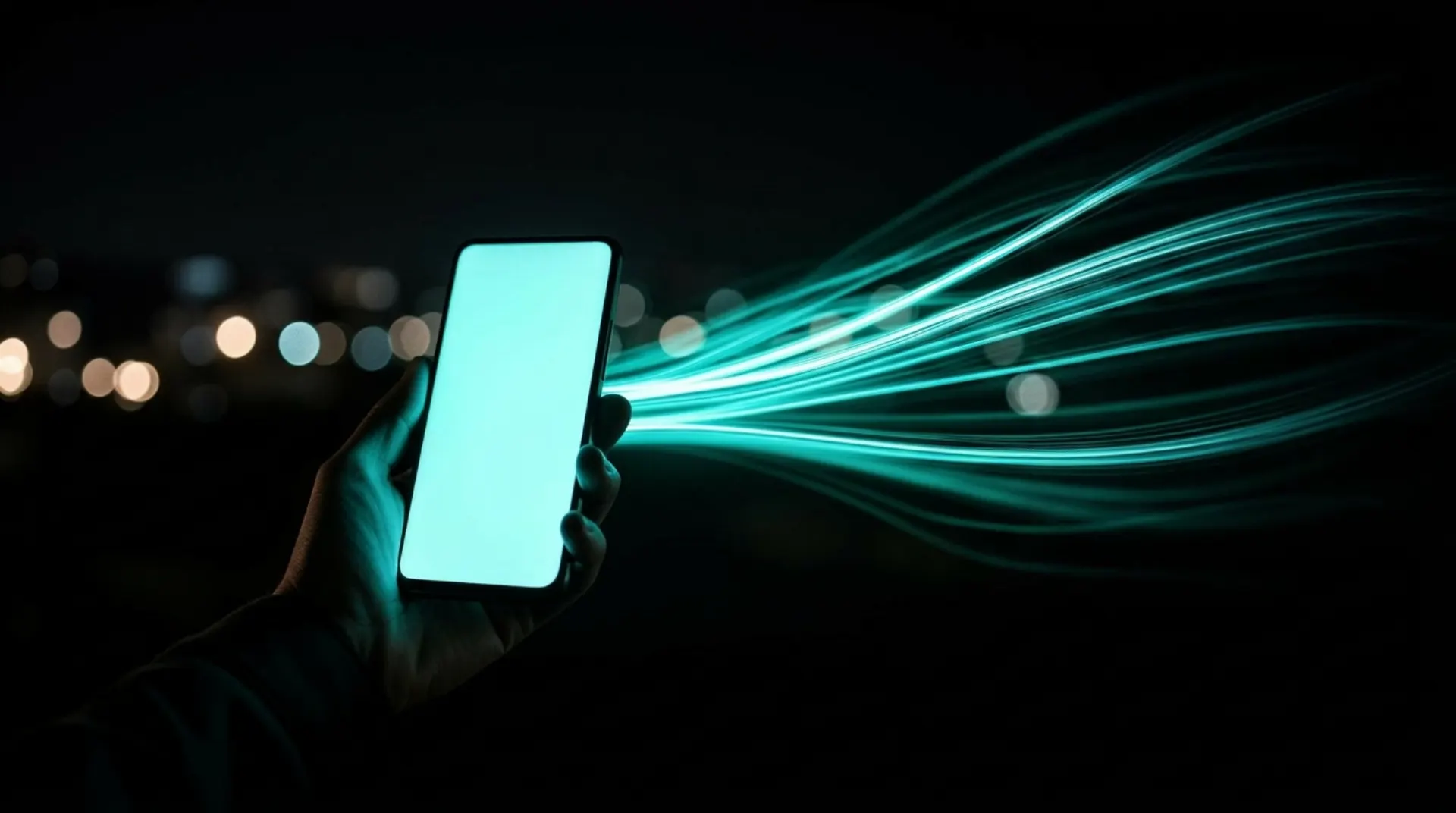 Smartphone iluminado con estelas de luz cian representando conectividad